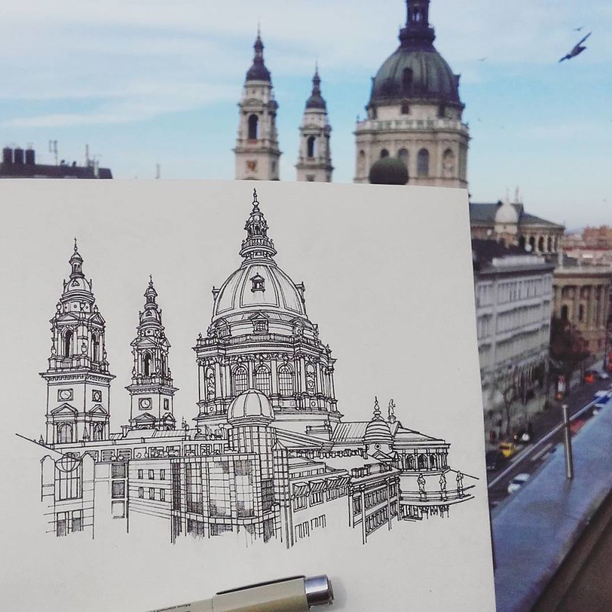 Иллюстратор рисует города, через которые проезжает