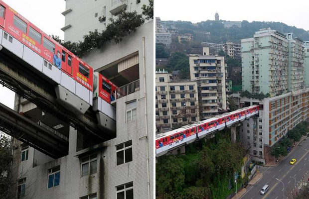 Поезд проезжает через 19-этажный дом в Китае